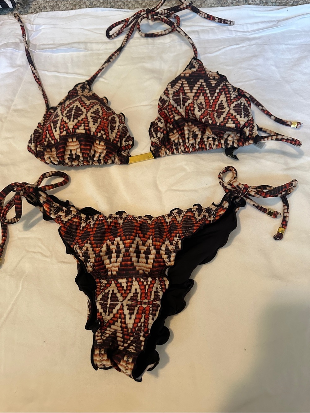 Vix Brown Red Cream Patterned Scallop Edge Triangle Bikini - Picture 4 of 4